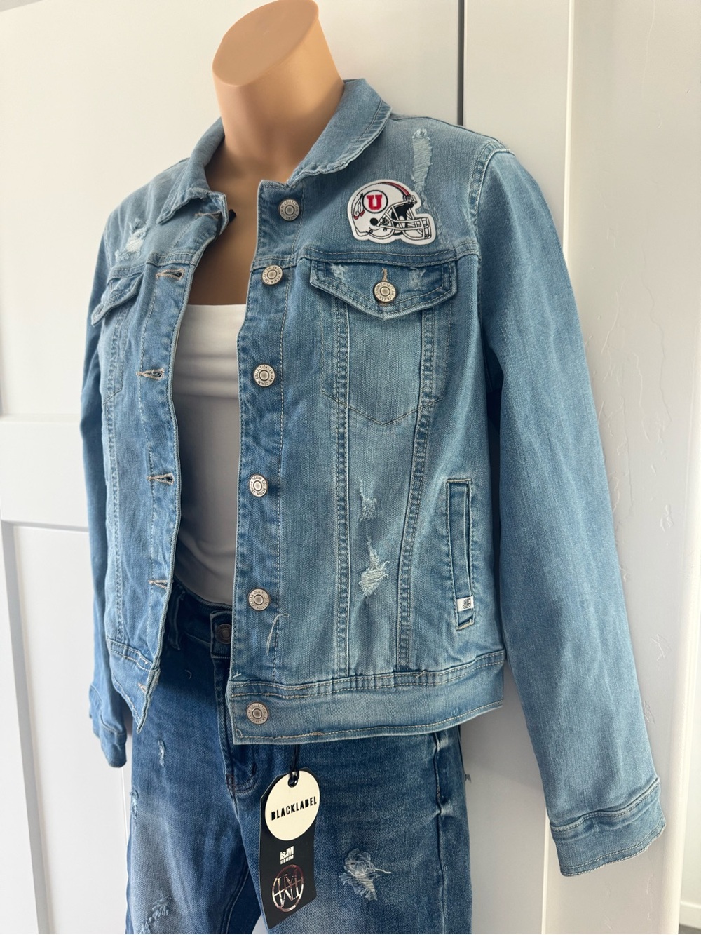 Light Blue Distressed Denim Jacket with University of Utah Patch
